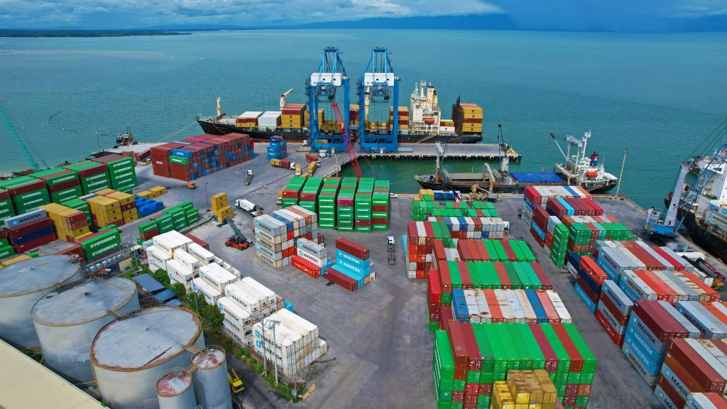Ship-to-shore gantry cranes working a vessel at the KTC berth